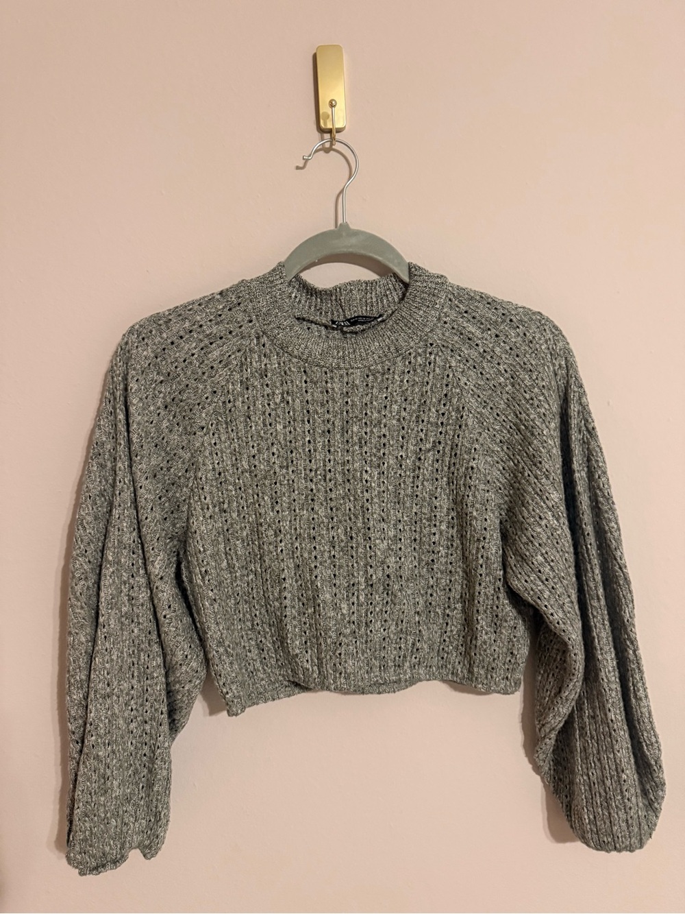 Zara Grey Cropped Crewneck Knit Sweater